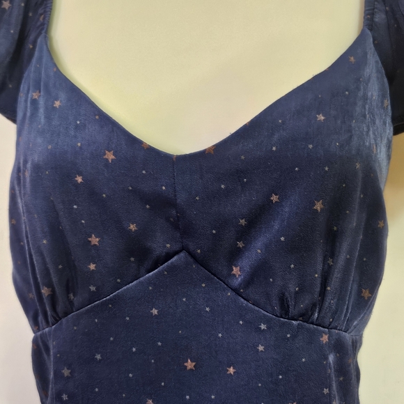 Lark + Grey Navy Blue/Brown Star Print Flutter Sleeve Midi Dress,Large - Picture 7 of 16